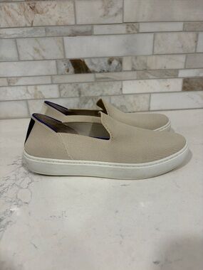 Rothy's Beige Slip-On Canvas Flats Sneakers with Black Heel Tab Womens Sz 5.5